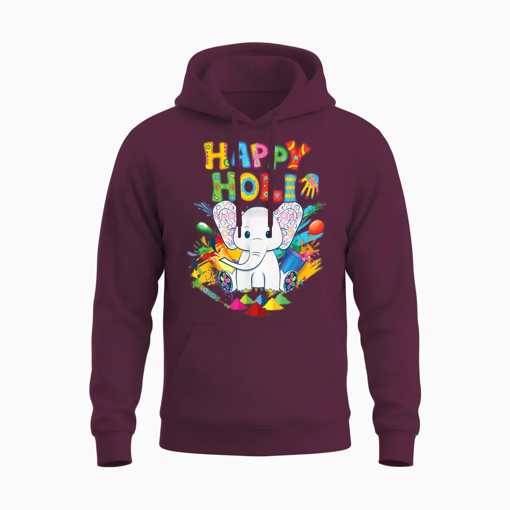 Kids Happy Holi Festival India Color Elephant Hindu Unisex Hoodie in Maroon