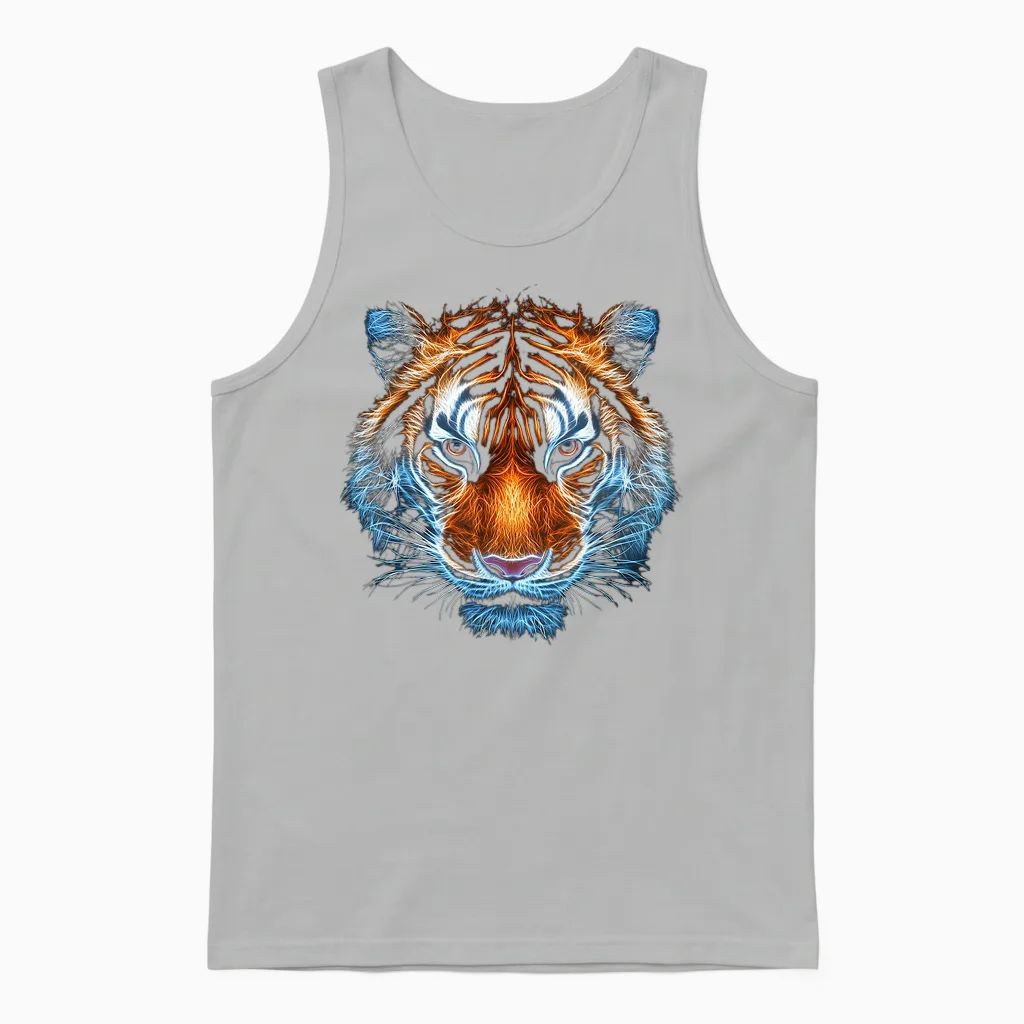 Tiger Animal Graphic Artwork Tiger T-Shirt, Black Unisex Tank Top in Ash