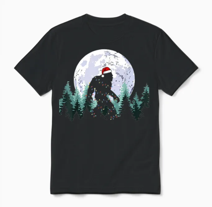 Christmas Bigfoot Sasquatch Tree Lights Funny Xmas Men Boys Unisex T-Shirt in Black