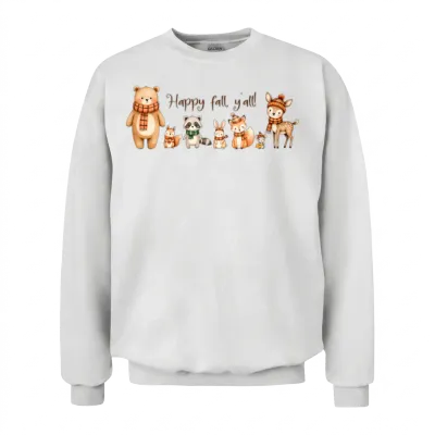 Cute Woodland Animals Happy Fall Y'all Unisex Sweatshirt - White