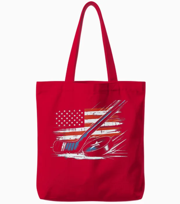 4th of July Ice Hockey Stick Puck Us Flag Men Boys Tote Bags in Red