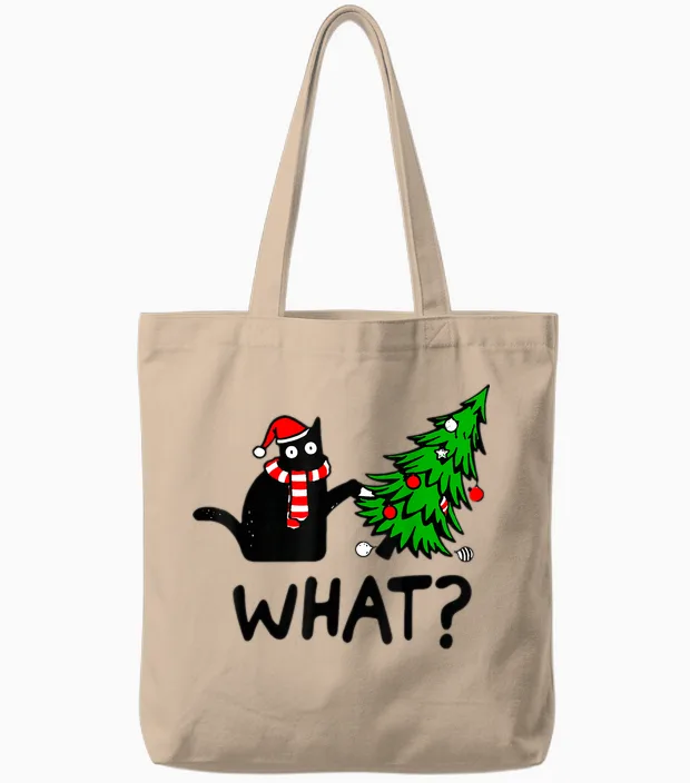 Funny Black Cat Gift Pushing Christmas Tree Over Cat What? T-Shirt Small Tote Bags in Natural