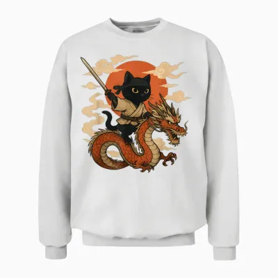 Vintage Japanische Samurai Katze Ninja Drache Kawaii Anime Liebhaber Unisex Sweatshirt - White