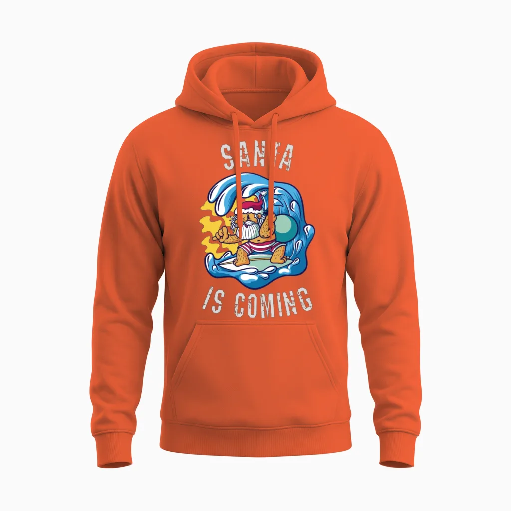 Santa Is Coming by Surfboard Unisex Hoodie in Orange