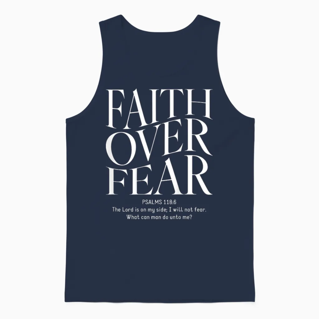 Faith Over Fear Christian (on Back) T-Shirt, Black Unisex Tank Top in Navy