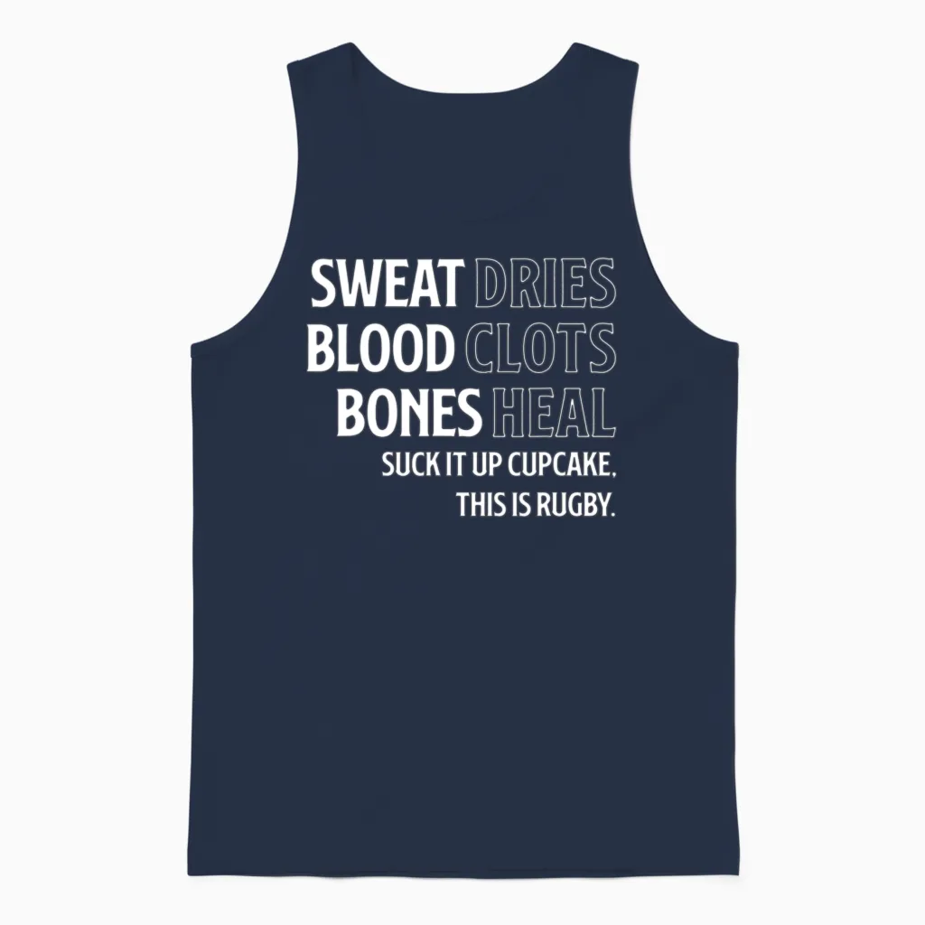 Funny Rugby Sports Lover Gift Sweat Blood Bones Unisex Tank Top in Navy