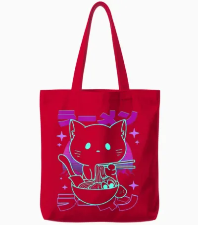 Anime Ramen Cat Retro Japanese Noodles Aesthetic Kawaii Cat Tote Bags - Red
