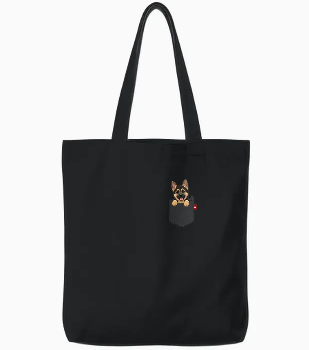 Dog German Shepherd Dog in Pocket Looking Cute Puppy Tote Bags in Black