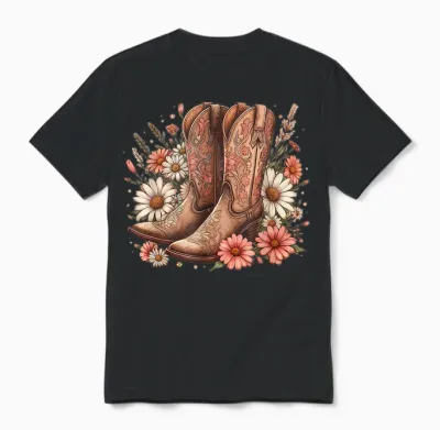 Cowgirl Boots Retro Western Country Concert Pink Boots Girl T-Shirt, Black, S Unisex T-Shirt - Black