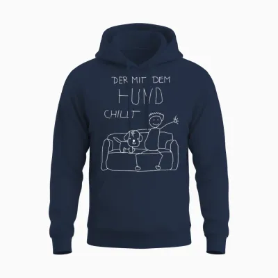 Dog Owner Funny T-Shirt with German Text "der Mit Dem Hund Chillt Mit Dem Unisex Hoodie - Navy