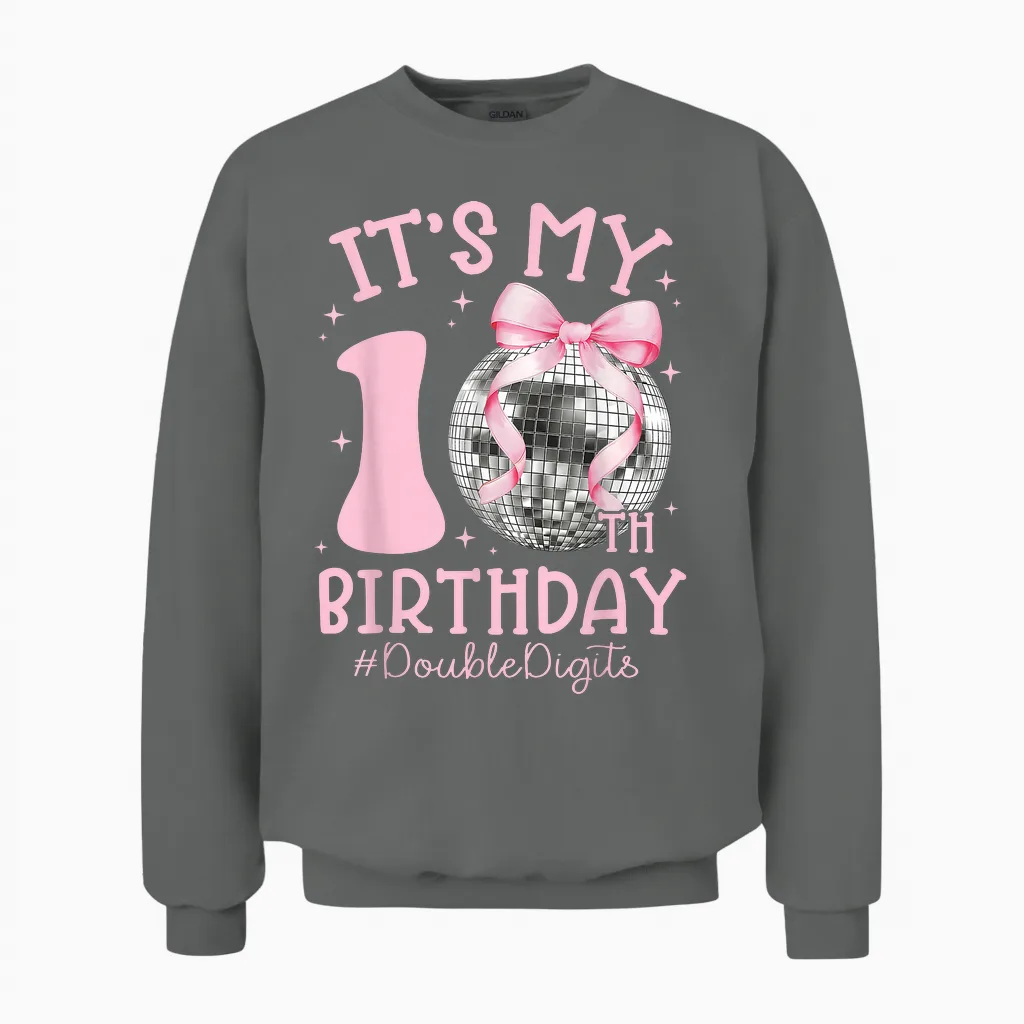 It's My 10th Birthday Girl Double Digits Bow Disco Ball Unisex Sweatshirt in Graphite Heather