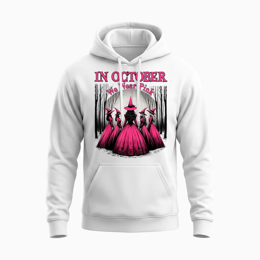 Retro in October We Wear Pink Witch Breast Cancer Awareness Unisex Hoodie in White
