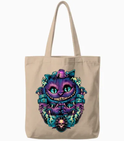 Alice in Wonderland Cheshire Cat All Mad Here T-Shirt, Black Tote Bags - Natural