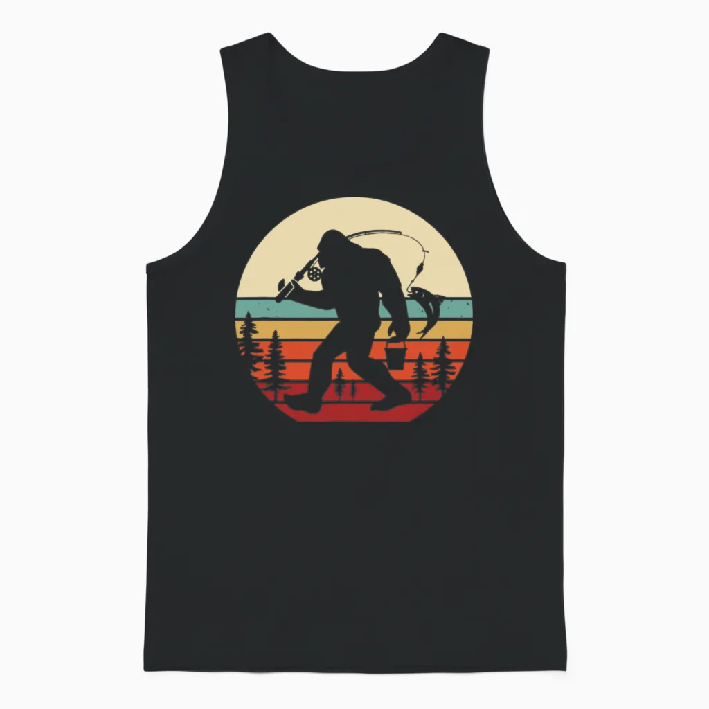 Funny Retro Bigfoot Fishing Unisex Tank Top in Black