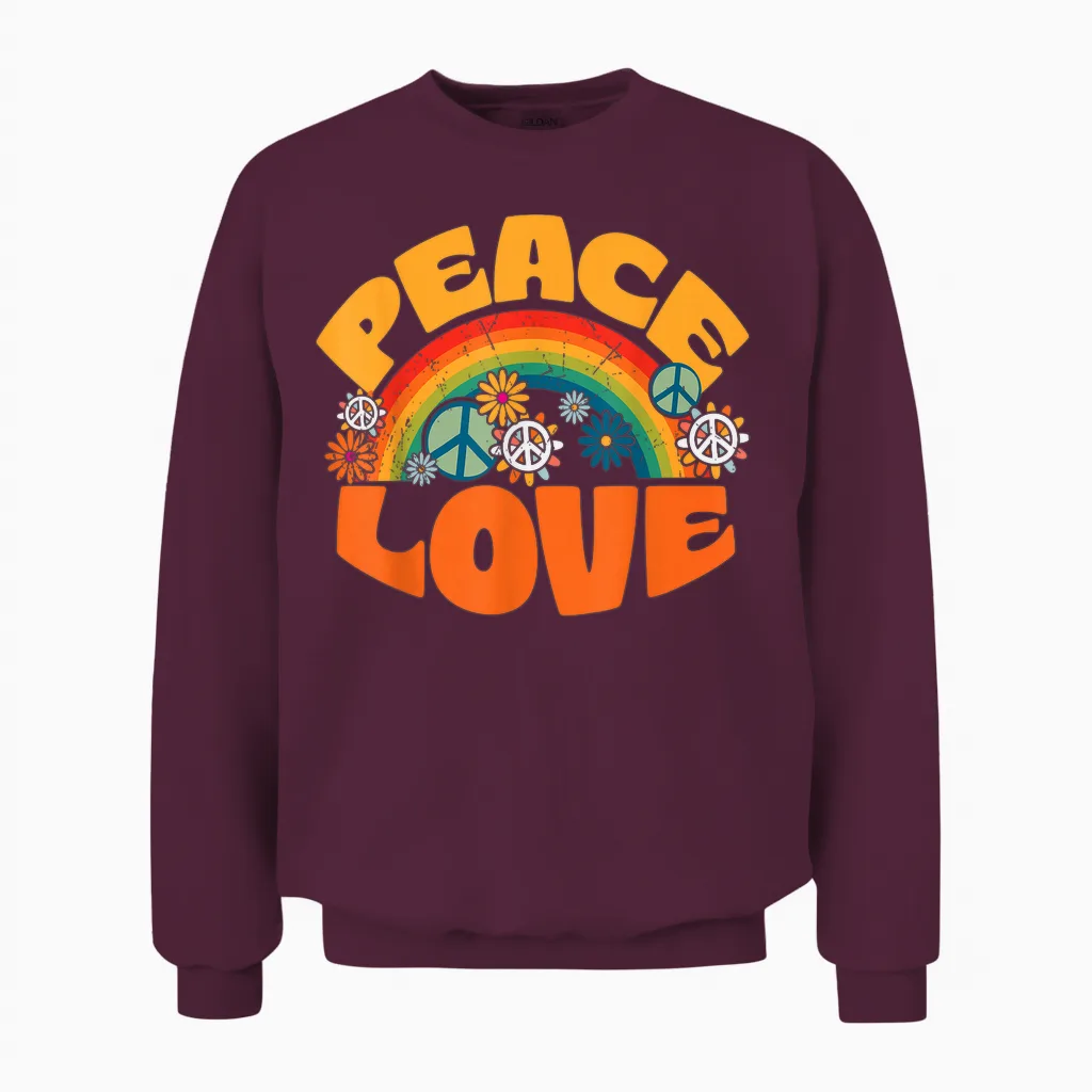 Peace Sign Love 1960s 1970s Shirt Tie Dye Groovy Hippie T-Shirt, Black Unisex Sweatshirt in Maroon