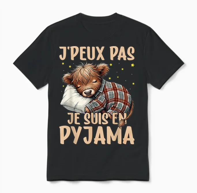 J'peux Pas Je Suis En Pyjama, Highland Cow Nightgown Unisex T-Shirt in Black