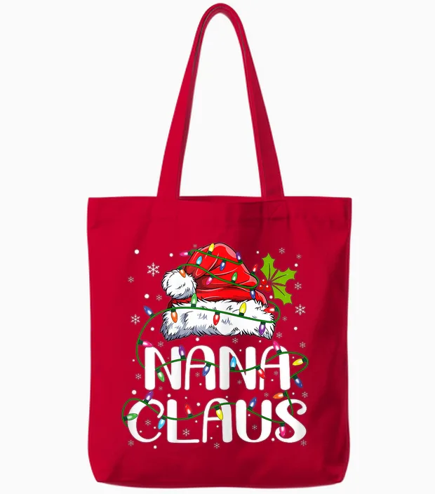 Nana Claus Christmas Lights Pajama Family Matching Tote Bags in Red