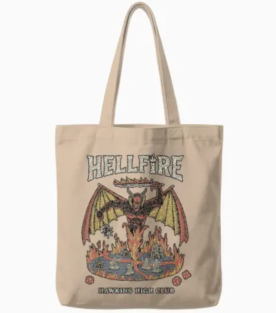 Stranger Things Vintage Hawkins High Hellfire T-Shirt, Black, S Tote Bags - Natural