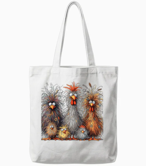 Eagerlys Colorful Funny Chicken Art, Crazy Chicken Family Tote Bags in White