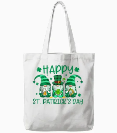 Three Gnomes Holding Shamrock Leopard Plaid St Patrick's Day Tote Bags - White