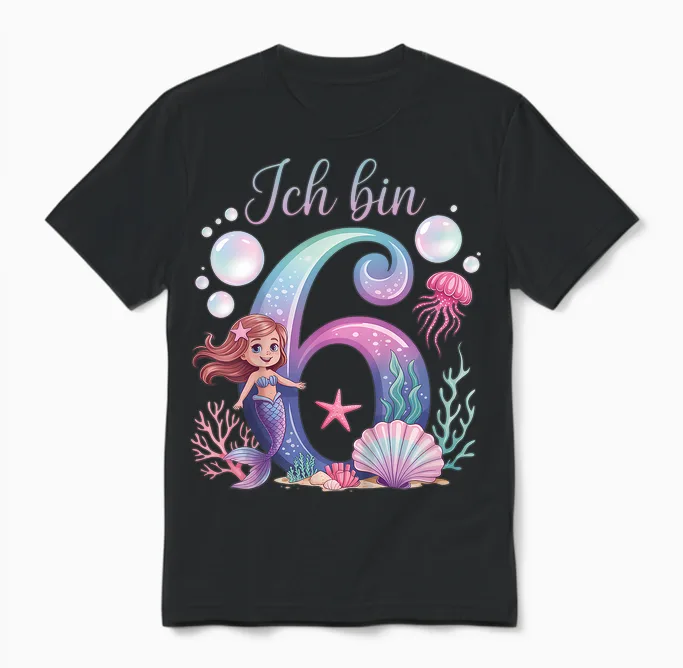 I Am 6 Mermaid Birthday Girl's Birthday Unisex T-Shirt in Black