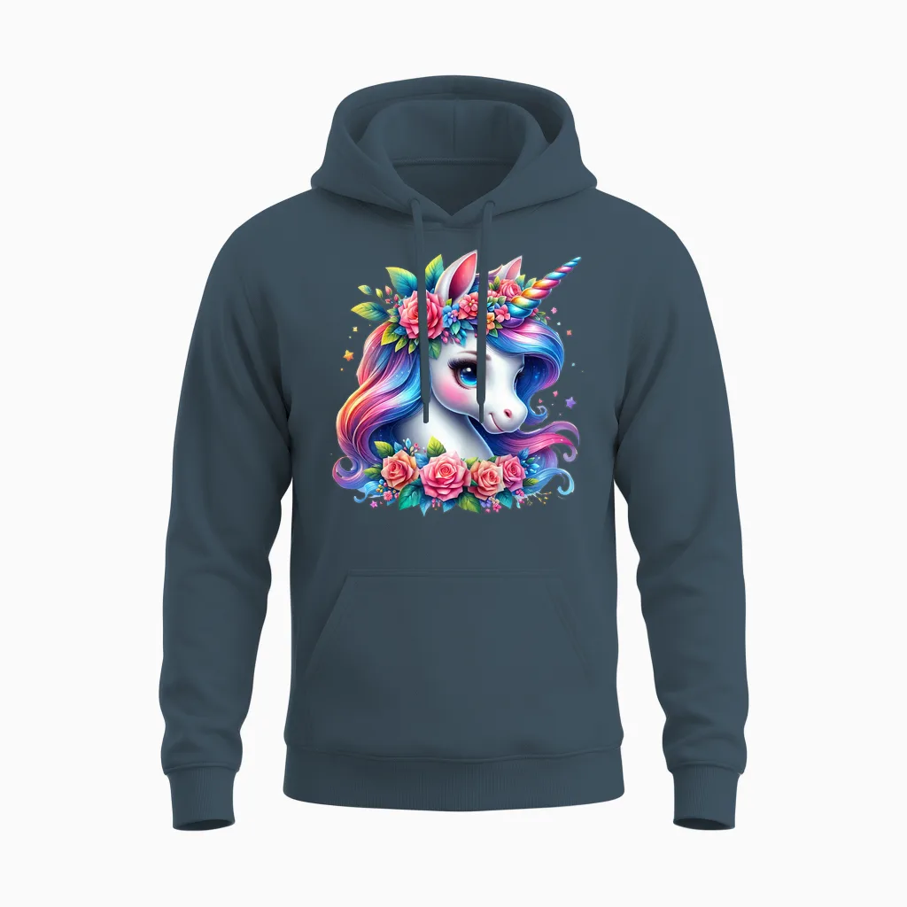 Cute Unicorn with Rainbow Mane Flowers Unicorn Unisex Hoodie in Dark Heather