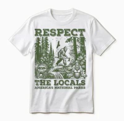 Respect the Locals Bigfoot Sasquatch American National Parks T-Shirt, Small, Grey Unisex T-Shirt - White