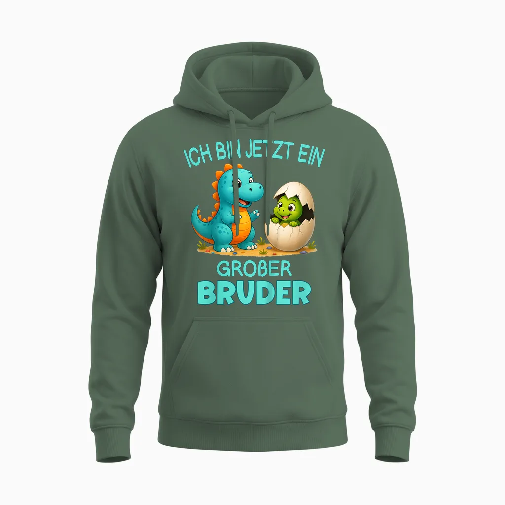 Children's T-Shirt with German Text "ich Bin Jetzt Ein Großer Bruder Dinosaur" Motif Unisex Hoodie in Military Green