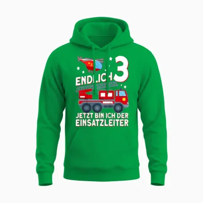 Children's Fireman T-Shirt with German Text "endlich 3 Jetzt Bin Ich Einsatzeiteiteiter" [, Black Unisex Hoodie - Irish Green