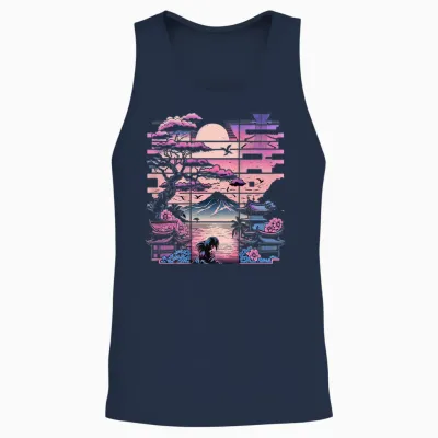 Backprint Japan Aesthetic Vaporwave Cherry Blossom Unisex Tank Top - Navy