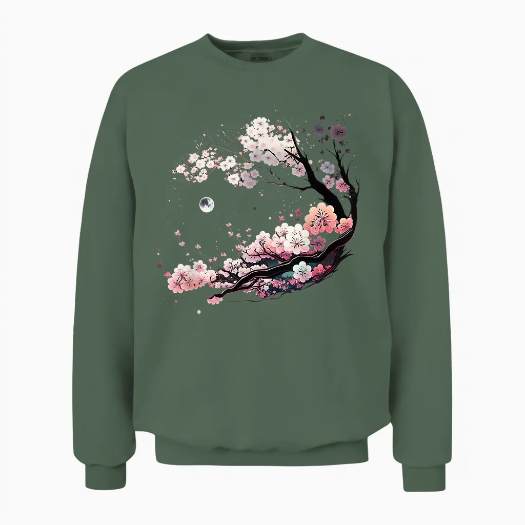Japanese Sakura Garden Geisha Mount Fuji Cherry Blossom Unisex Sweatshirt in Military Green