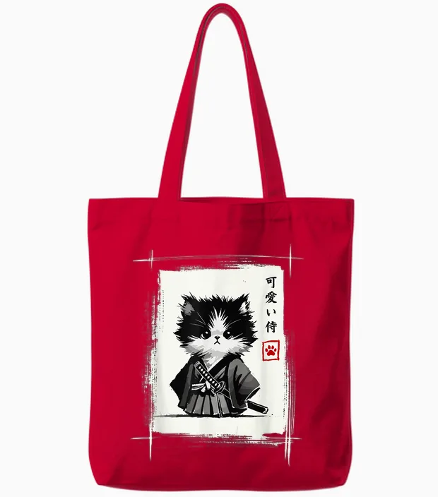 Samurai Cat Japanese Art Sumi-E Novelty Kawaii Funny Cat Tote Bags in Red