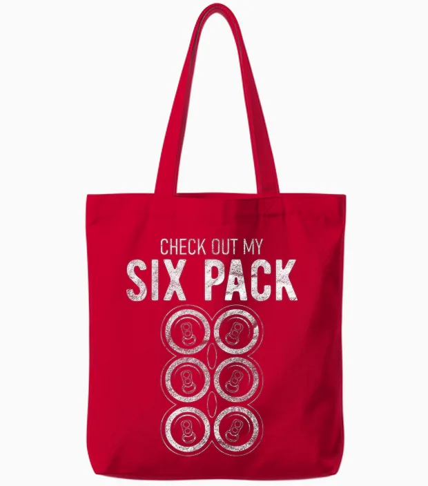 Check Out My Six Pack Funny Beer, Funny Drinking Tote Bags in Red