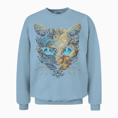 Cat Fantasy Blue Eyes Mandala Animal Art Cat T-Shirt, Black Unisex Sweatshirt - Light Blue