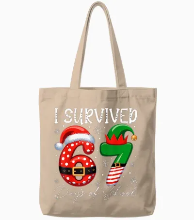 I Survived 67 Day of School Funny 67 Xmas Santa Elf Hat Meme Tote Bags - Natural