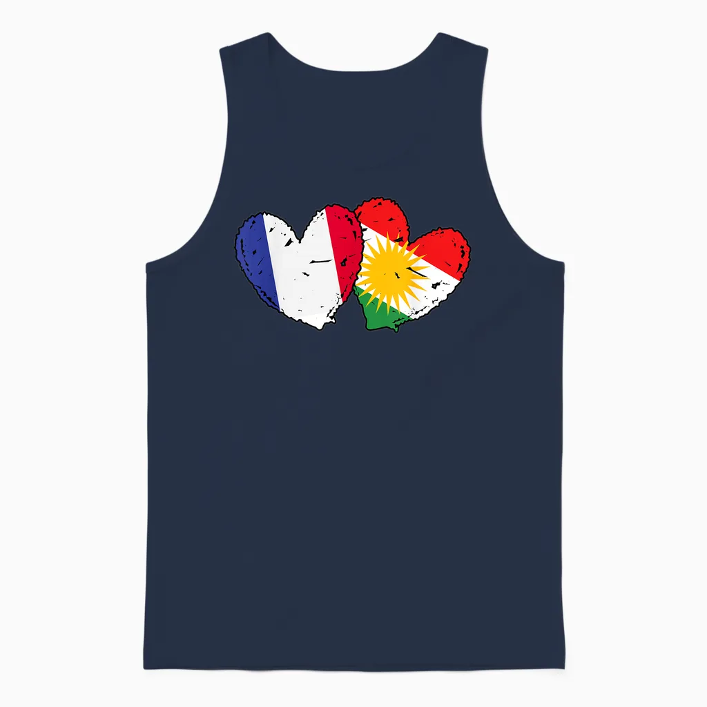 Flag France Kurdistan Heart Pride French Kurdish Unisex Tank Top in Navy