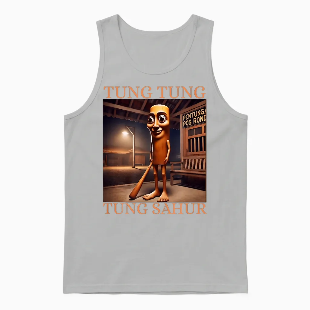Tung Tung Sahur T-Shirt Brainrot Humour Gen Z Unisex Tank Top in Ash