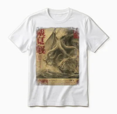 Cthulhu Kraken Vintage Japanese Journal Sea Monster Design Unisex T-Shirt - White