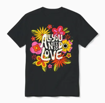 The Beatles - All You Need Is Love Retro Flowers T-Shirt, Black Unisex T-Shirt - Black