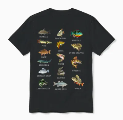 Types of Freshwater Fish Species Fishing Fisherman Anglers Unisex T-Shirt - Black