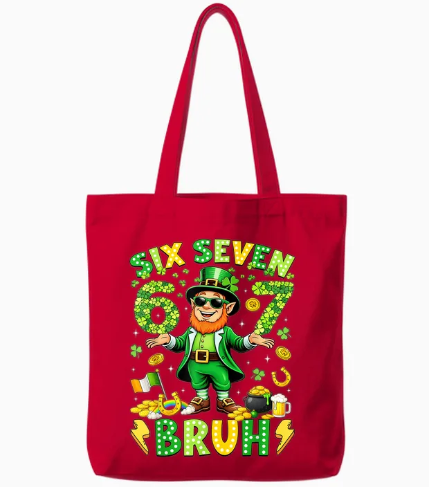 Six Seven Bruh St Patricks Day Leprechaun Meme 6 7 Boys Tote Bags in Red