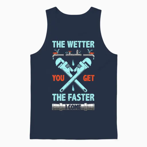 The Wetter You Get the Faster I Come Funny Plumber Unisex Tank Top in Navy