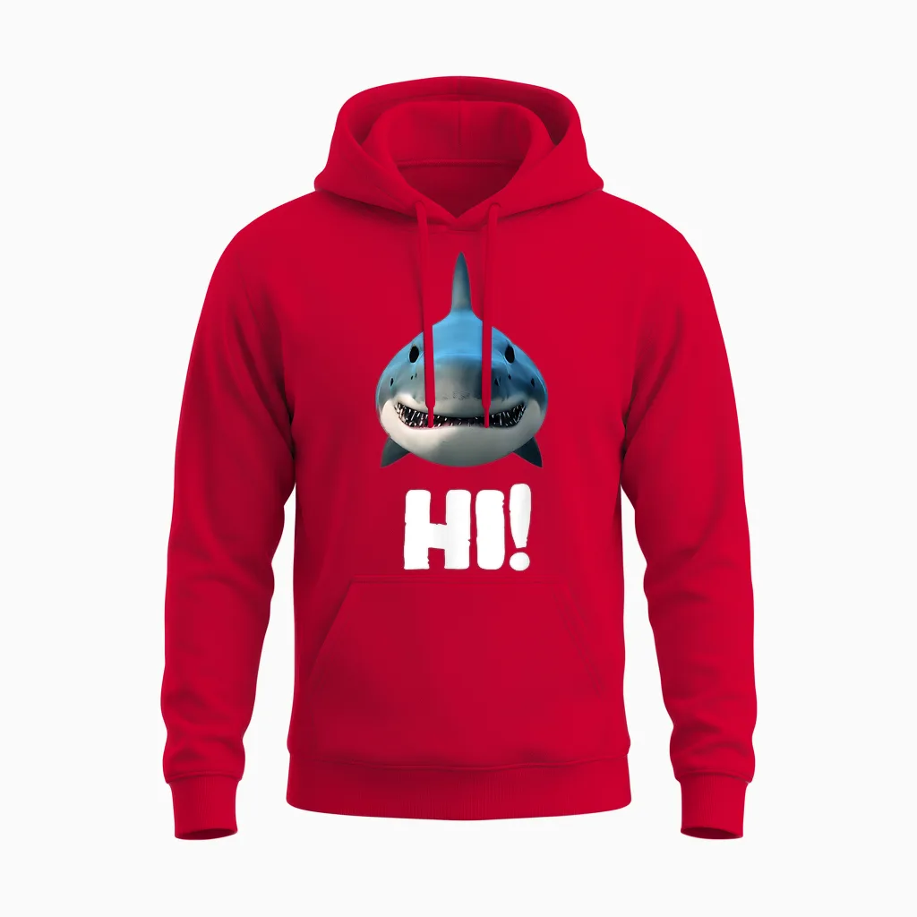 Hai T-Shirt Hi Funny Saying Shark Hi Fun Funny T-Shirt, Black Unisex Hoodie in Red