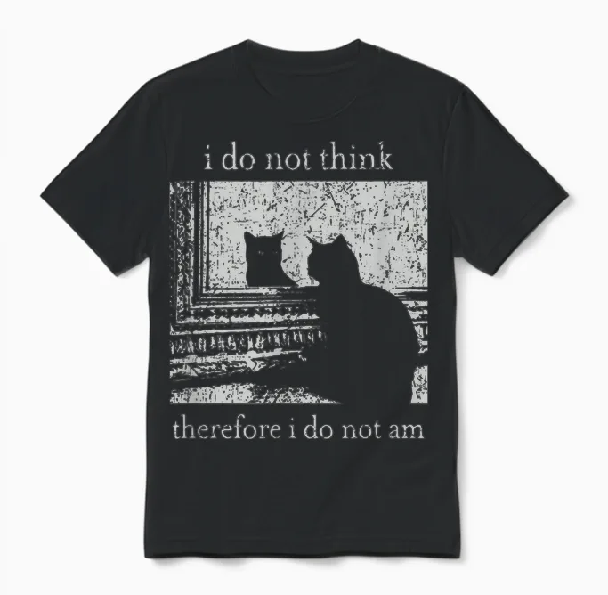 Retro I Do Not Think Therefore I Do Not Am Cat Unisex T-Shirt in Black
