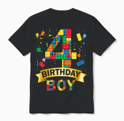Kinder 4rd Birthday Boy 4 Year Old Building Blocks 4th Birthday Boy Unisex T-Shirt - Black
