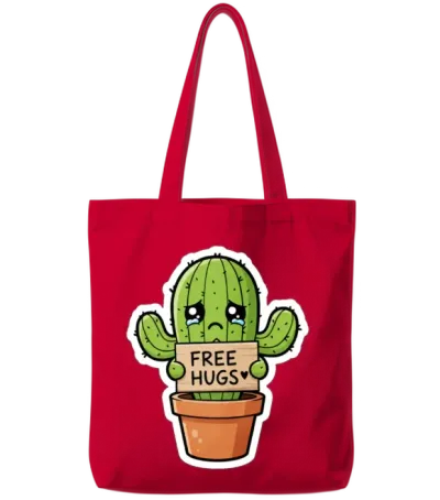 Free Hugs Cactus Sad Cute Plant Pun Tote Bags - Red