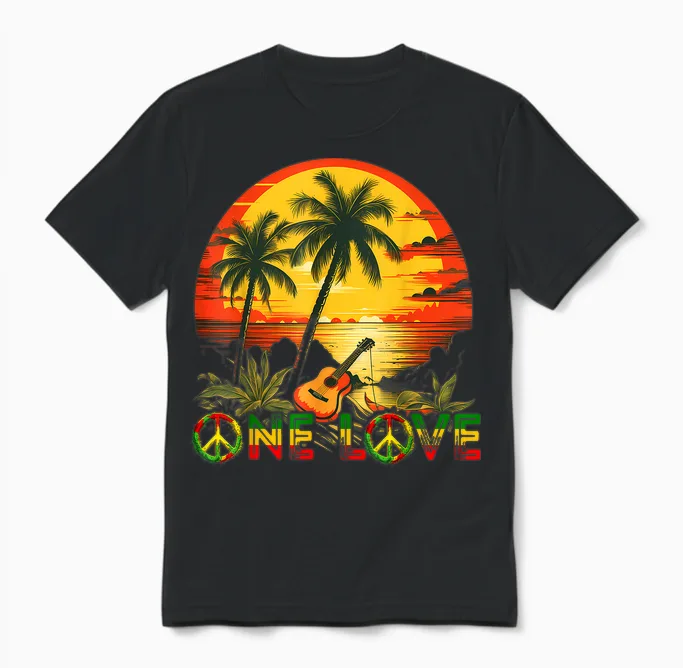 Rasta Reggae Sunset Guitarist Guitar Jamaica Reggae Music T-Shirt, Black Unisex T-Shirt in Black