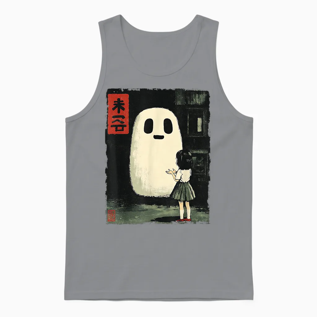 Japanisches Friendly Ghost Gruseliges Anime-T-Shirt Mit Halloween-Grafik Unisex Tank Top in Sport Grey
