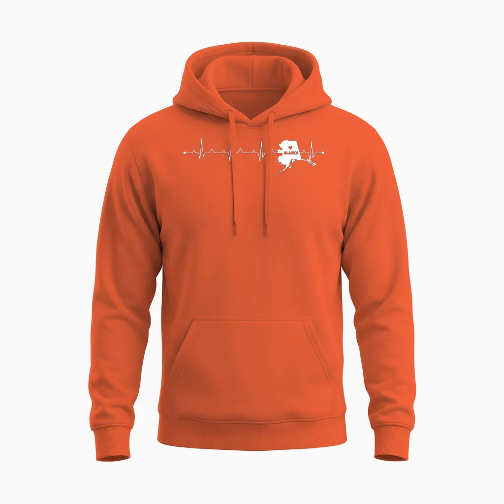 Title: Alaska Heartbeat Map Silhouette Home State Unisex Hoodie in Orange