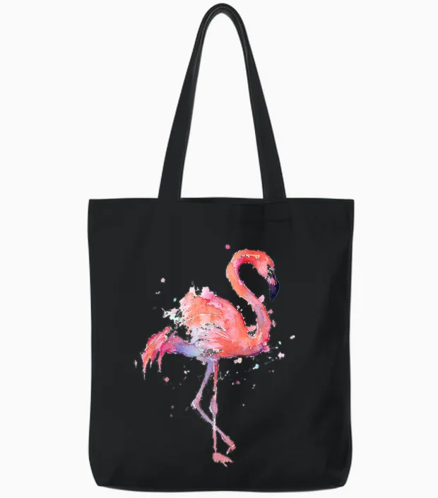 Rosa Flamingo Aquarell Vogel Tropischer Strand Kunstwerk Tote Bags in Black
